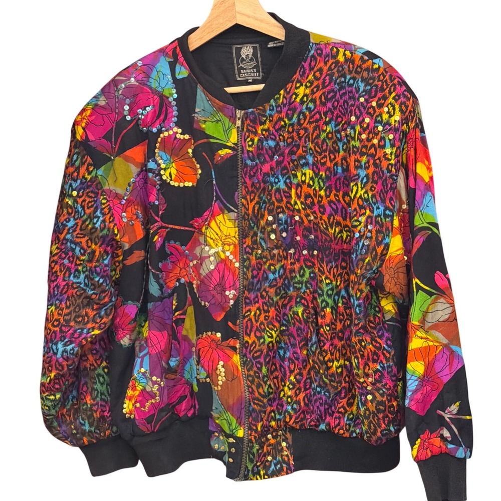 Vintage Short Circuit Bomber Jacket Maximalist Neon Leopard Tropical Floral